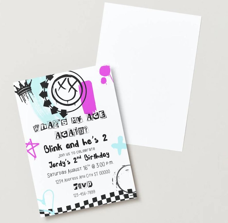 May include: A white invitation card with the text "WHAT'S MY AGE AGAIN? Blink and he's 2" in a graffiti style. The card includes the details for Jordy's 2nd Birthday, with a black and white checkered pattern at the bottom.