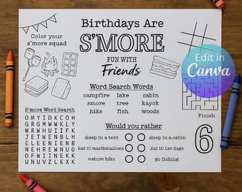Peut inclure: Une feuille d'activité blanche avec le texte "Birthdays Are S'MORE Fun With Friends" et divers jeux, dont une recherche de mots et des questions "Would you rather". Des crayons orange, rouge et bleu entourent la feuille.