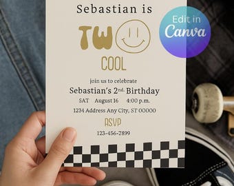 May include: A cream-colored birthday invitation with gold text that reads "Sebastian is TWO COOL" and a smiley face. The invitation includes event details and a checkered border. The invitation is held in front of a pair of black and white sneakers.