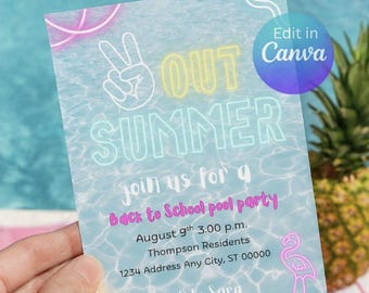 Back to School Pool Party Invitation | End of Summer Neon Invite | Peace Out Summer Bash | Editable Canva Template | Instant Download