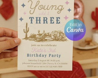 Young Wild & Three Birthday Invitation Girl | 3rd Birthday Cowgirl Invite | Editable Western Party Invitation | Pink Rodeo Theme