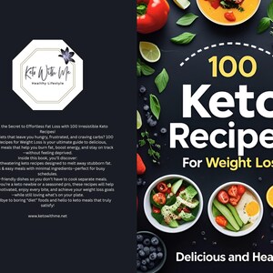 Pu&ograve; includere: Un libro di cucina intitolato "100 Ricette Keto per la Perdita di Peso" con una copertina nera e immagini colorate di cibo. Il libro presenta ingredienti freschi e piatti preparati.