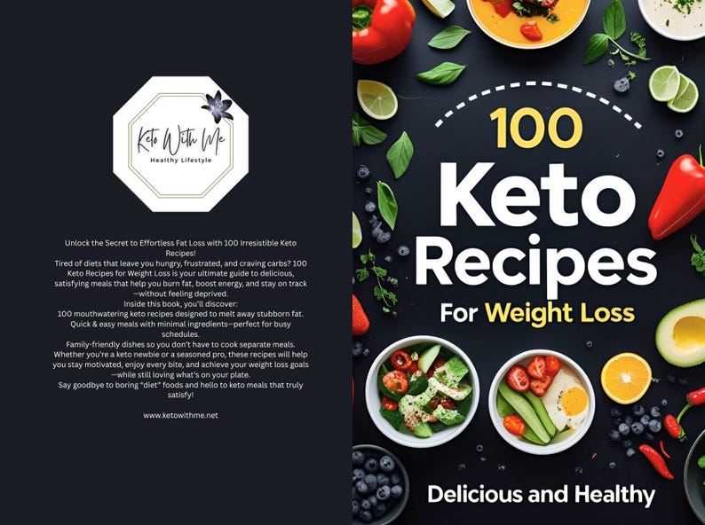 Pu&ograve; includere: Un libro di cucina intitolato "100 Ricette Keto per la Perdita di Peso" con una copertina nera e immagini colorate di cibo. Il libro presenta ingredienti freschi e piatti preparati.