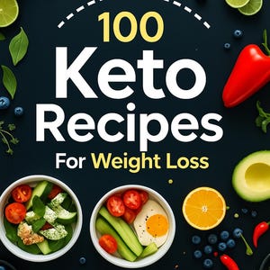 Pu&ograve; includere: Uno sfondo scuro con il testo "100 Ricette Keto Per la Perdita di Peso". L'immagine presenta ciotole di cibo, prodotti freschi come pomodori, cetrioli e mirtilli e il testo "Delicious and Healthy Keto With Me."