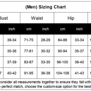 May include: A black and white sizing chart table labeled Sizing Chart with columns for Size, Bust, Waist, Hip, and Height in cm and inches. Rows list sizes S, M, L, and XL with corresponding measurements. Includes a Sizing Tip text at the bottom.