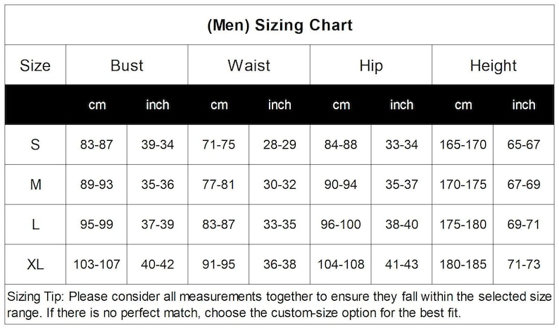May include: A black and white sizing chart table labeled Sizing Chart with columns for Size, Bust, Waist, Hip, and Height in cm and inches. Rows list sizes S, M, L, and XL with corresponding measurements. Includes a Sizing Tip text at the bottom.
