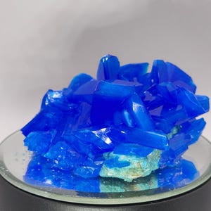 May include: A cluster of vibrant, deep blue crystals, possibly copper sulfate, displayed on a mirrored surface. The crystals have a sharp, angular structure and sit atop a small, light green rock. The background is a soft, neutral white.