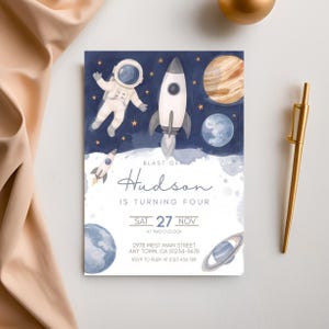 4th Birthday Invitation Editable Template, Astronaut Space Theme Invitation, Spaceship Planet Design, For Boys Painting, Canva Card For Kids