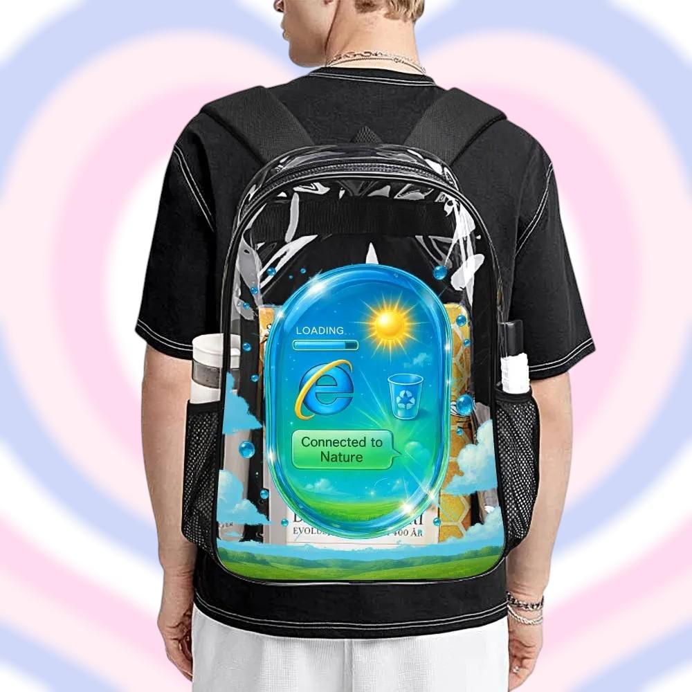 2000s Portal Print Backpack – Y2K Frutiger Aero Aesthetic | Clear Transparent Bag, Kidcore Vaporwave Design, Gen Z Weirdcore Style 17 inch
