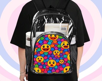 Clear Backpack Transparent School Bag Back to School PVC Y2K Kidcore Clowncore Aesthetic Rainbow Flower Emoji Pattern Gift for Boys Girls