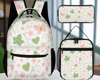 Girls Kids Backpack Set 3 Piece | School Bag Lunch Box Pencil Case | Custom Floral Vine Print | Back to School Gift | Poison Ivy
