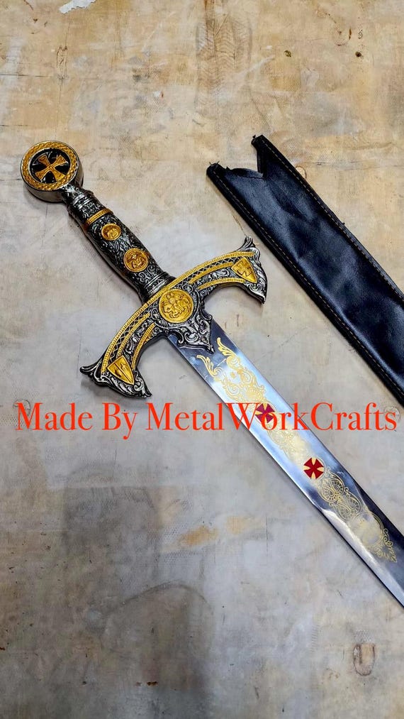 Knights Templar Longsword Replica: Gold Etched Crusader Sword with Faux Leather Sheath