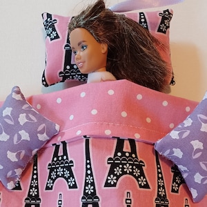 Handmade 12 Inch Doll Bedding Set: Reversible Paris Print, Pink Dots