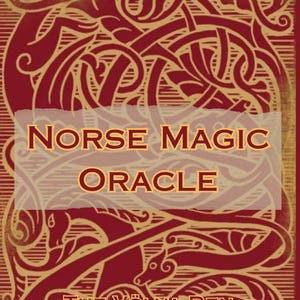 May include: An oracle card deck in red and gold, featuring the text "Norse Magic Oracle" and "The Völva Den". The design incorporates detailed knotwork patterns and animal motifs.