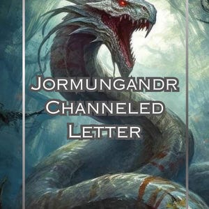 Puede incluir: Ilustración digital de un dragón serpentino con una cabeza detallada, ojos rojos y boca abierta. El texto "JORMUNGANDR CHANNELED LETTER" está superpuesto a la imagen, que tiene una combinación de colores azul y turquesa.
