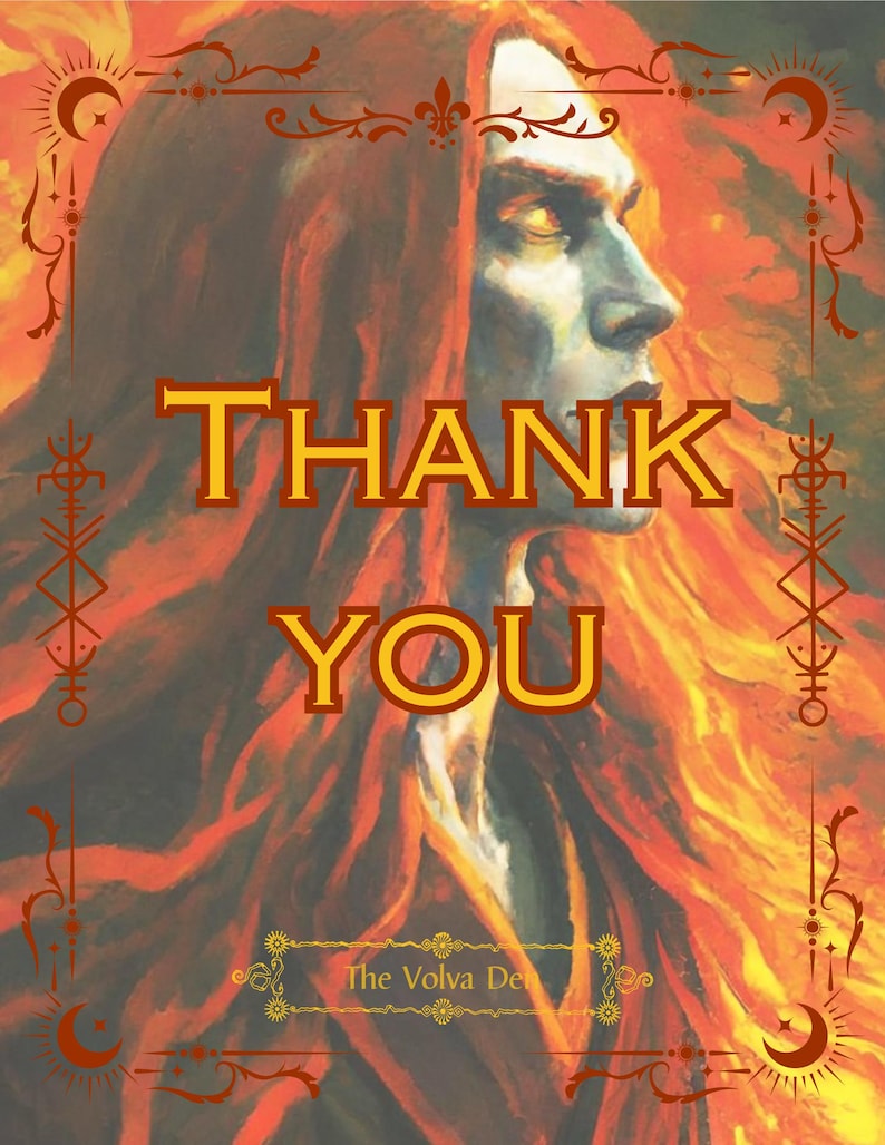 May include: A digital illustration featuring a profile view of a figure with long flowing red hair against a fiery orange background. The text THANK YOU is centered in bold yellow letters. A decorative border surrounds the image with the text The Volva Den.