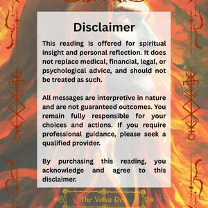 May include: A rectangular disclaimer card featuring a profile illustration of a person with long red hair against a fiery background. The text reads: Disclaimer. This reading is offered for spiritual insight and personal reflection. The Volva Den.