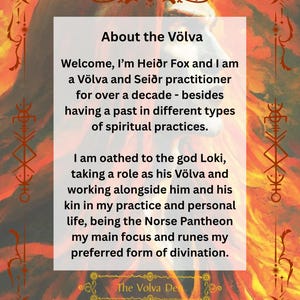May include: A rectangular informational card with a white center and a red-orange flame-patterned border. The text reads: About the V&ouml;lva, Welcome, I&rsquo;m Hei&eth;r Fox and I am a V&ouml;lva and Sei&eth;r practitioner for over a decade, and The Volva Den.