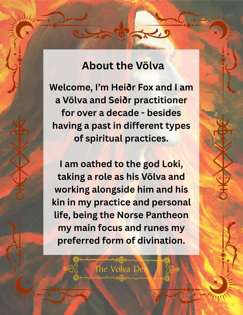 May include: A rectangular informational card with a white center and a red-orange flame-patterned border. The text reads: About the V&ouml;lva, Welcome, I&rsquo;m Hei&eth;r Fox and I am a V&ouml;lva and Sei&eth;r practitioner for over a decade, and The Volva Den.