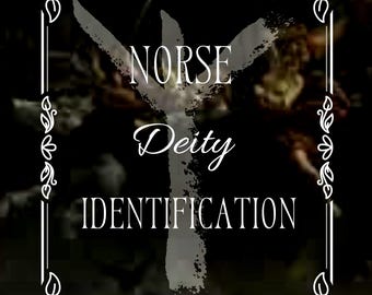 May include: A dark image with white text that reads "NORSE Deity IDENTIFICATION." The text is centered and framed by a white border with floral and leaf designs. A gray, stylized symbol is behind the text.