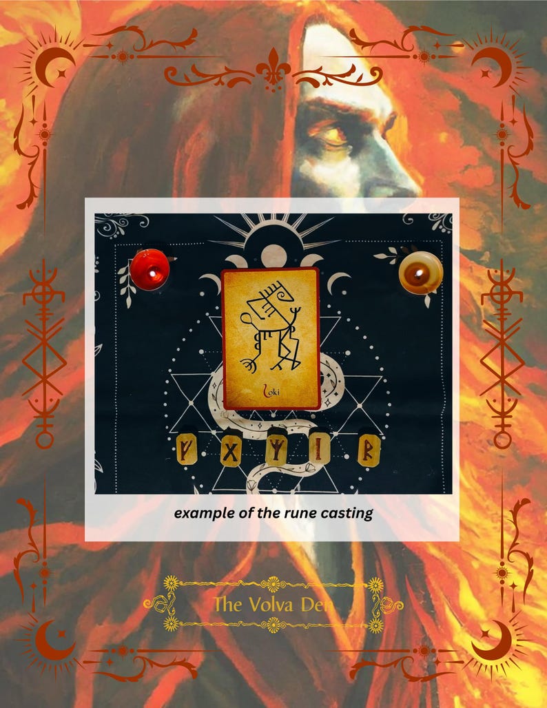 May include: A rectangular card featuring a black line drawing of a figure labeled Loki, positioned above four small wooden tiles with carved symbols. The set is arranged on a black cloth with white geometric patterns, flanked by two small round candles.