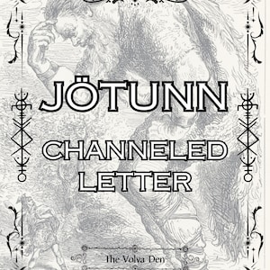 Pode incluir: Ilustração em tons de cinza com o texto "Jötunn Channeled Letter". A imagem tem uma borda decorativa com luas e símbolos. O texto "The Volva Den" está na parte inferior.