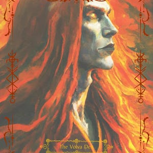 May include: A digital illustration of a figure with long, flowing red hair in profile, set against a fiery orange and yellow background. The image is framed by a decorative border with celestial symbols and includes the text The Volva Den.
