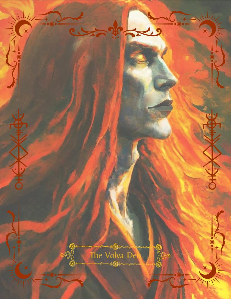 May include: A digital illustration of a figure with long, flowing red hair in profile, set against a fiery orange and yellow background. The image is framed by a decorative border with celestial symbols and includes the text The Volva Den.