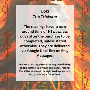 May include: A rectangular informational graphic featuring a portrait of Loki with long red hair, framed by ornate red borders with celestial symbols. The text reads: Loki The Trickster, followed by details regarding reading turnaround times, delivery via Google Docs, and refund policies from The Volva Den.