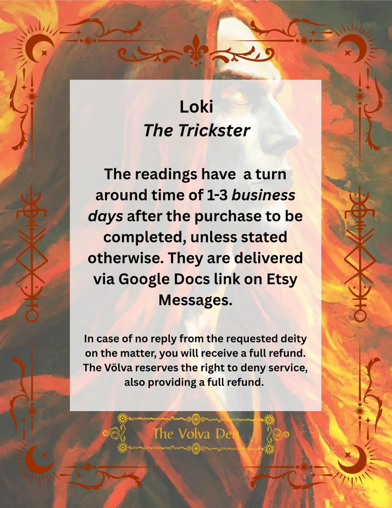 May include: A rectangular informational graphic featuring a portrait of Loki with long red hair, framed by ornate red borders with celestial symbols. The text reads: Loki The Trickster, followed by details regarding reading turnaround times, delivery via Google Docs, and refund policies from The Volva Den.
