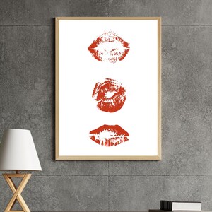 Red Kiss Lips Art Print, Trendy Preppy Wall Art, Girly Dorm Room Decor, Fashion Makeup Printable Wall Art for Bedroom or Vanity