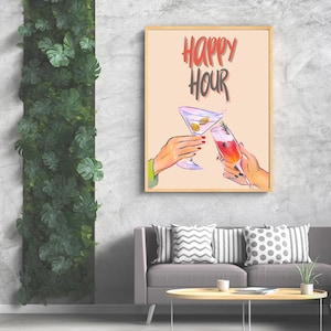 Cocktail Digital Print, Happy Hour Wall Art, Vintage Kitchen Decor, Cheers Print, Bar Cart Art, Retro Printable Wall Art