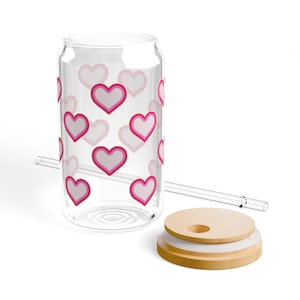 Tiny Hearts Glass Tumbler – 16oz Iced Coffee Cup with Lid & Straw | Cute Valentine’s Day Gift, Aesthetic Glass Cup for Her