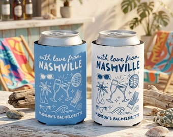 Custom Bachelorette Can Cooler – Personalized Girls Trip Drink Sleeve, Beach Party Favor, Bridal Party Gift