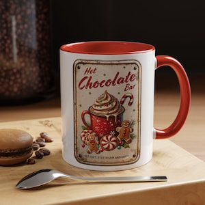Hot Chocolate Bar Mug – Vintage Christmas Farmhouse Accent Coffee Mug 11oz/15oz, Gingerbread Holiday Cup, Cozy Winter Cocoa Gift