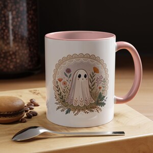Cute Cottagecore Ghost Coffee Mug – Witchy Wildflower Spooky Mug for Ghost Lovers, Fall Halloween Accent Cup Gift 11oz/15oz
