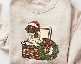 German pointer in Santa hat and Camo Cooler Sweatshirt, Christmas Pointer Dog, Christmas Dog Shirt, GSP Dog, Pointer Dog Lover