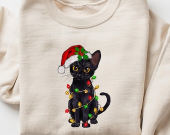 Christmas Black Cat Sweatshirt, Black Cat Christmas Shirt, Kitten Christmas Shirt, Cat Lover Gift, Cat Mom Sweater,Xmas Gift, Holiday Hoodie