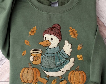 Trendy Cute Fall Duck Sweatshirt, Cozy Autumn Coffee Shirt, Pumpkin Patch Duck Shirt, Preppy Duck Pullover, Trendy Thanksgiving Sweater