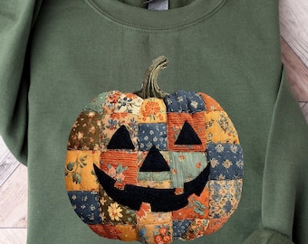 Retro Patchwork Halloween Pumpkin Sweatshirt, Halloween Pumpkin Shirt, Spooky Season Sweater, Halloween Cute Women Outfit, Halloween Gift