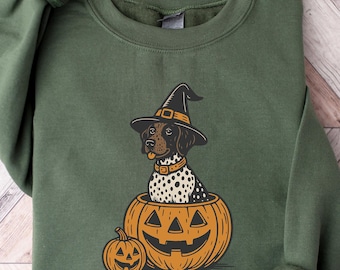 Halloween Shorthaired Pointer Sweatshirt, Retro Fall Spooky Vibes Witch Dog In Pumpkins Shirt, GSP Dog lover Halloween Shirt