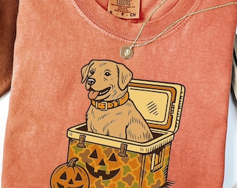 Comfort Colors® Yellow Lab Cooler Shirt, Halloween Hunting Dog Shirt, Halloween Camo USA Fall Labrador Retriever, Camping & Fishing T-Shirt