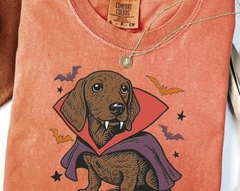 Comfort Colors® Dachshund Vampire Halloween Shirt, Dog Mom Shirt, Vintage Halloween Tee, Wiener Dog Vampire Shirt, Spooky Dog Owner Gift
