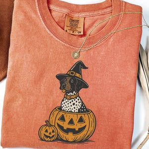 Comfort Colors® Halloween Shorthaired Pointer Shirt, Retro Fall Spooky Vibes Witch Dog In Pumpkins Shirt, GSP Dog lover Halloween Shirt