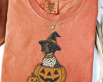 Comfort Colors® Halloween Shorthaired Pointer Shirt, Retro Fall Spooky Vibes Witch Dog In Pumpkins Shirt, GSP Dog lover Halloween Shirt
