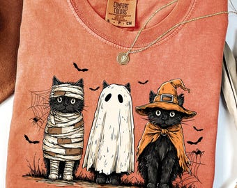 Comfort Colors® Halloween Cat Shirt, Ghots Cat Shirt, Retro halloween Shirt, Halloween Cat Mama Shirt, Autumn Shirt, Black Cat Shirt