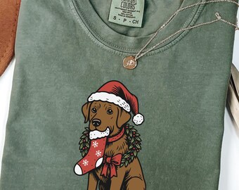 Comfort Colors® Christmas Brown Lab Shirt, Holiday Festive Dog With Santa Hats Shirt, Labrador Retriever T-Shirt Xmas Holiday Dog TShirt