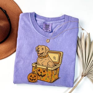 Puede incluir: Camiseta Comfort Colors de color lila claro con un perro de dibujos animados en una nevera y una calabaza. El perro es de color marr&oacute;n claro con un collar marr&oacute;n. La nevera tiene un patr&oacute;n de camuflaje y una cara de calabaza. Un collar dorado est&aacute; sobre la camisa.