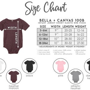 Puede incluir: Tabla de tallas para bodies de manga corta para beb&eacute;s. Las medidas est&aacute;n en pulgadas y el peso en libras para las tallas 3-6M, 6-12M, 12-18M y 18-24M. Los colores disponibles son blanco, granate jaspeado, negro, rosa, gris deportivo y gris oscuro jaspeado.