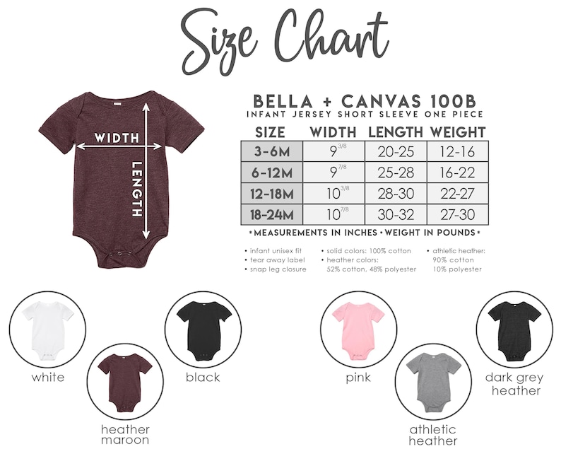 Puede incluir: Tabla de tallas para bodies de manga corta para beb&eacute;s. Las medidas est&aacute;n en pulgadas y el peso en libras para las tallas 3-6M, 6-12M, 12-18M y 18-24M. Los colores disponibles son blanco, granate jaspeado, negro, rosa, gris deportivo y gris oscuro jaspeado.